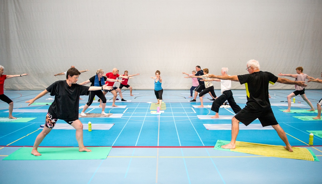 Ältere Personen stehen in einer Yoga-Stellung auf Matten in einer Turnhalle