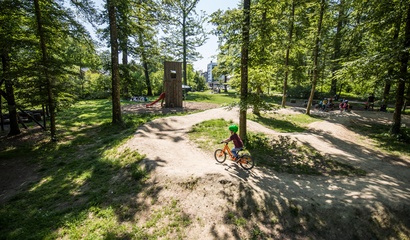 Ein Kind fährt mit dem Fahrrad auf einem geschwungenen Pumptrack in einem sonnigen Waldspielplatz.