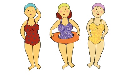 Karikatur von drei Frauen in Badekleidung