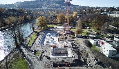Drohnenaufnahme von der Baustelle im Freibad Marzili
