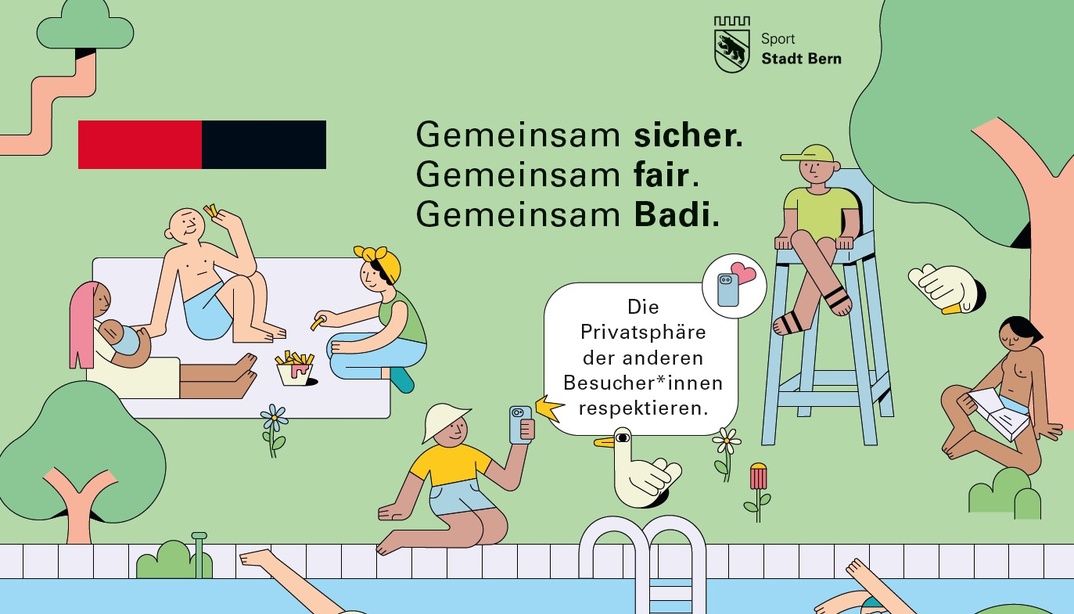 Gezeichnetes Bild Kampagne mit Schriftzug "Gemeinsam sicher. Gemeinsam fair. Gemeinsam Badi."