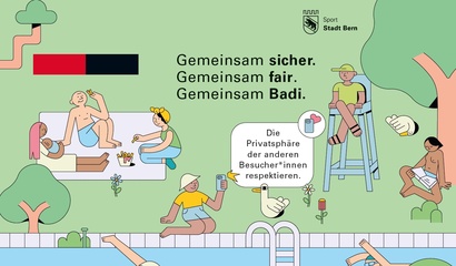 Gezeichnetes Bild Kampagne mit Schriftzug "Gemeinsam sicher. Gemeinsam fair. Gemeinsam Badi."