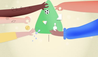 Gezeichnete Hände verschiedener Hautfarben hängen Ornamente in Form von Sportgeräten an einen Weihnachtsbaum