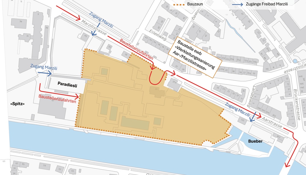 Plan der Zugänglichkeit zum Marzili vom 1. bis 21. September 2025