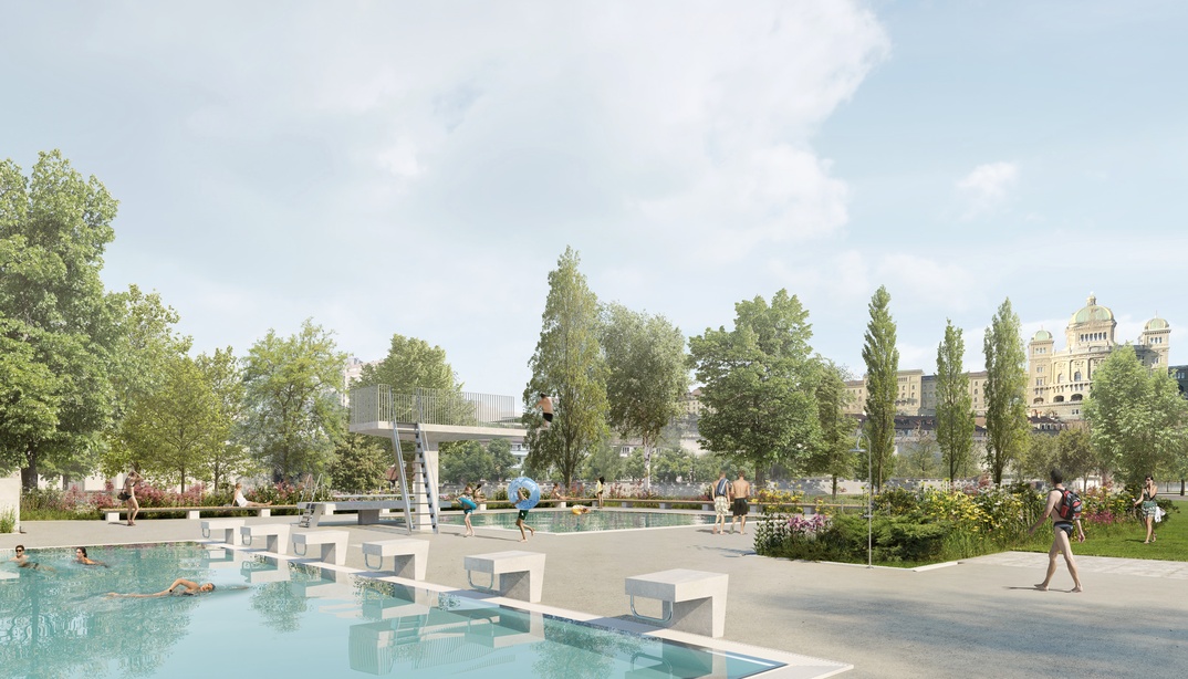 Visualisierung des sanierten Freibads Marzili mit Sprungturm